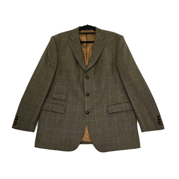 Barbour Blazer Mens 44R Brown Green Windowpane Tweed Wool Sport Coat Jacket - Picture 1 of 16